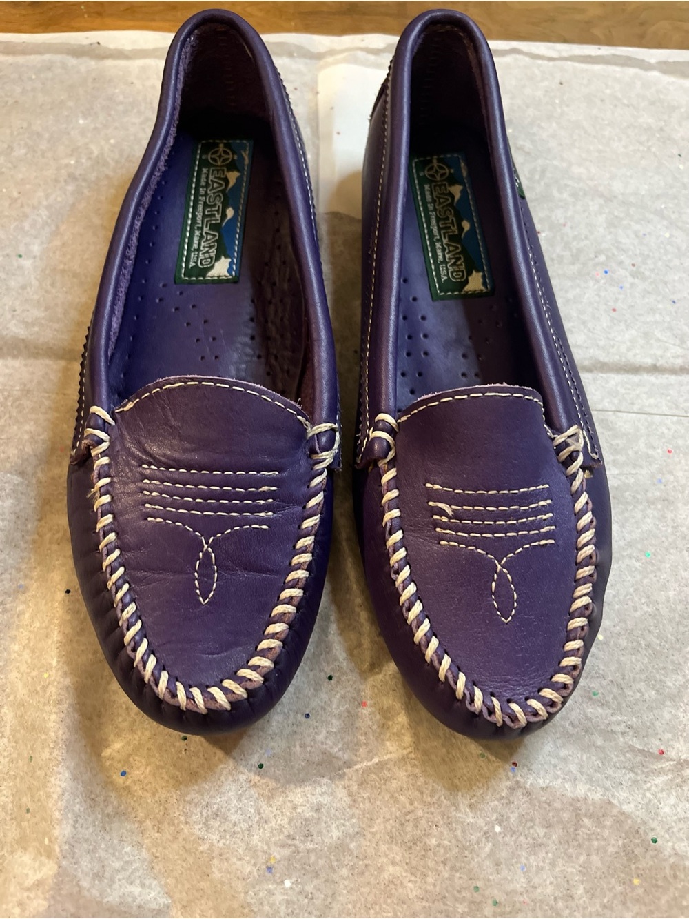 Eastland Purple Leather Moccasins with Cream Stitching
